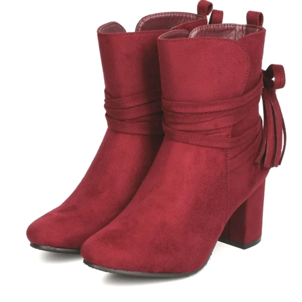REFRESH Women's Faux Suede Almond Toe Tasseled Chunky Heeled Bootie Wine SZ 6